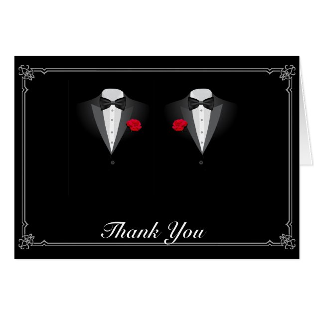 Two Tuxedos With Red Rose Gay Wedding Thank You Card