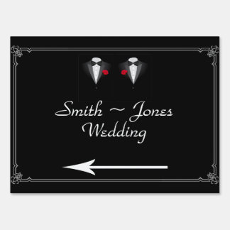 Two Tuxedos with Red Rose Wedding Direction Sign