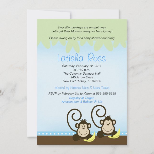 Two twin Silly Monkeys Boys Baby Shower 5x7 Invitation (Front)