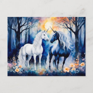 Two Unicorns Standing Together Under Starry Sky Postcard