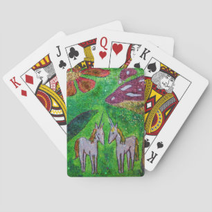 Two unicorns under a mushroom poker cards