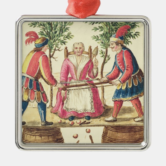 Two Venetian magicians sawing a woman in half Metal Ornament (Front)