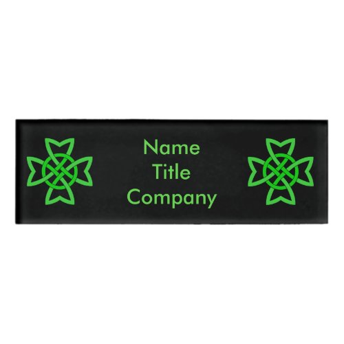 Two Vibrant Celtic Knots Irish Green on Black Name Tag