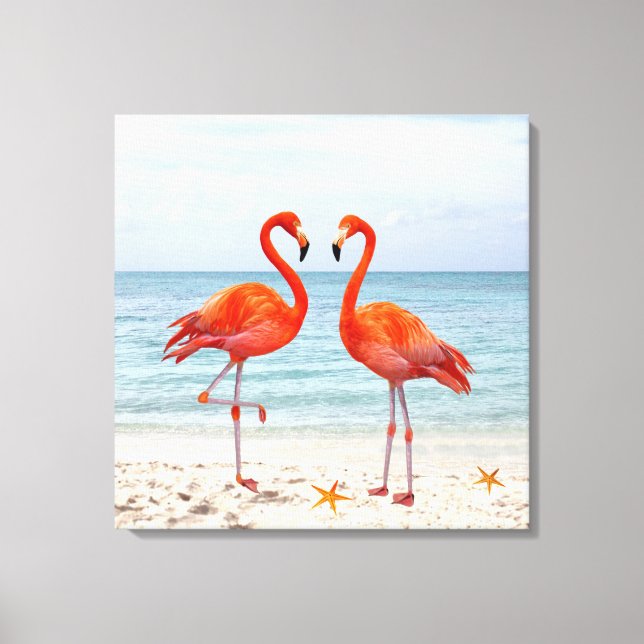 Two Vibrant Pink Flamingos on the Beach Canvas Print (Front)