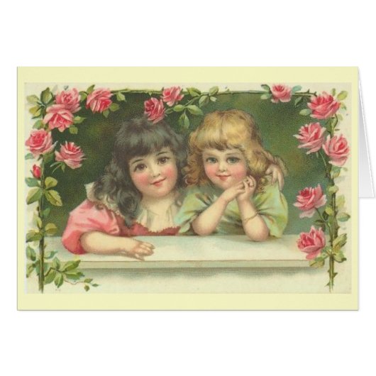 Two Victorian Girls in a Rose Garden Cards (Front Horizontal)
