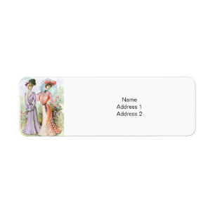 Two Victorian Young Women Stroll Amid Roses Label