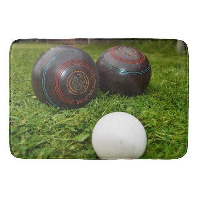Two Vintage Lawn Bowls And Jack, Bath Mat (Front)