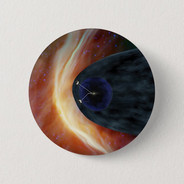 Two Voyager Spacecraft Exploring Turbulent Space. Button (Front)