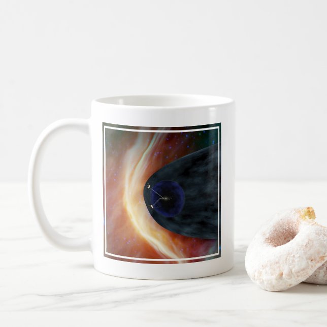 Two Voyager Spacecraft Exploring Turbulent Space. Coffee Mug (With Donut)