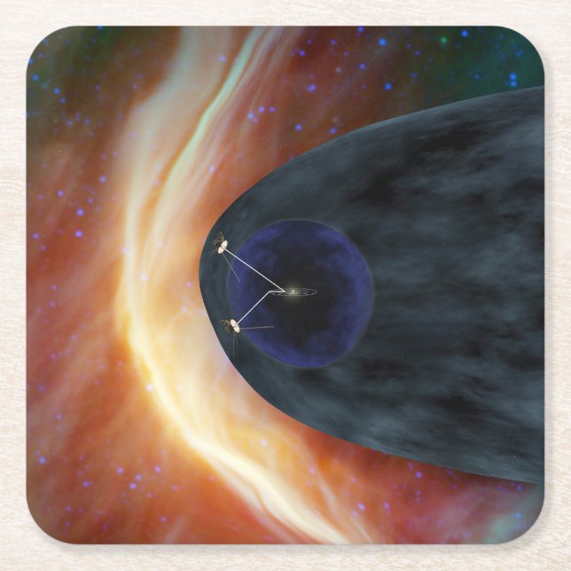 Two Voyager Spacecraft Exploring Turbulent Space. Square Paper Coaster (Front)