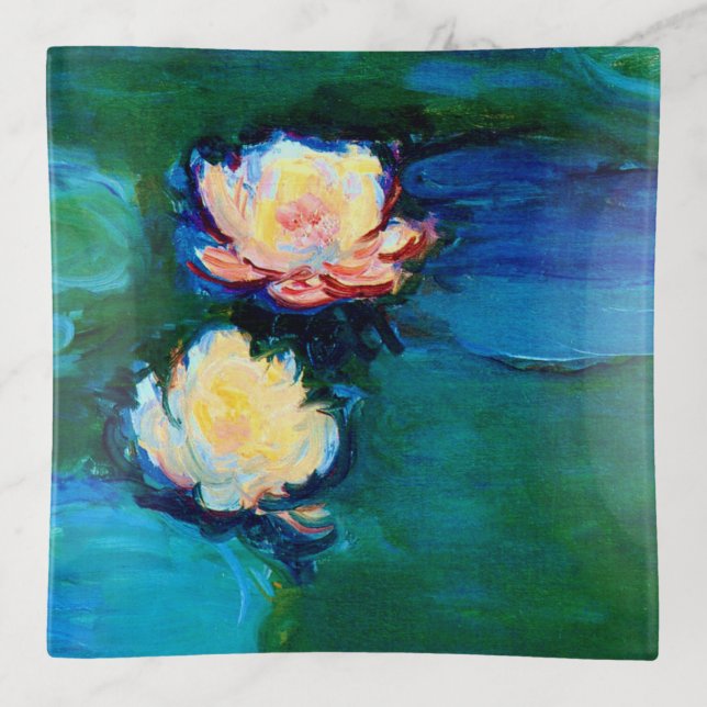 Two Water Lily Flowers Claude Monet Fine Art Trinket Tray (Front)