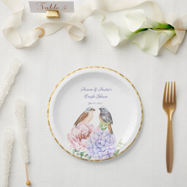 Two Watercolor Songbirds Couple Shower  Paper Plates (Wedding)