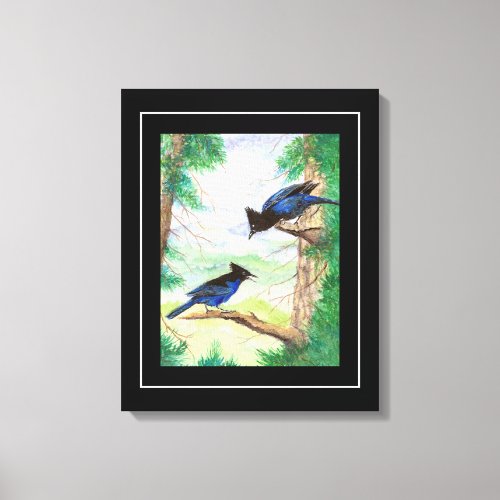 Two Watercolor Stellar Jay Birds Forest Trees  Canvas Print