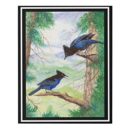 Two Watercolor Stellar Jay Birds Forest Trees  Faux Canvas Print