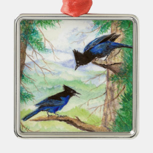 Two Watercolor Stellar Jay Birds Forest Trees   Metal Ornament
