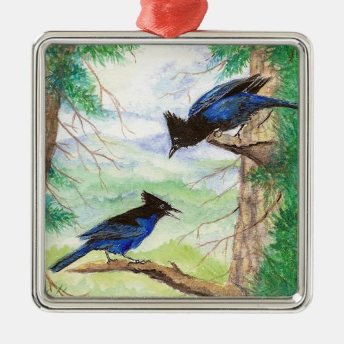 Two Watercolor Stellar Jay Birds Forest Trees   Metal Ornament