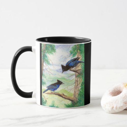 Two Watercolor Stellar Jay Birds Forest Trees Mug