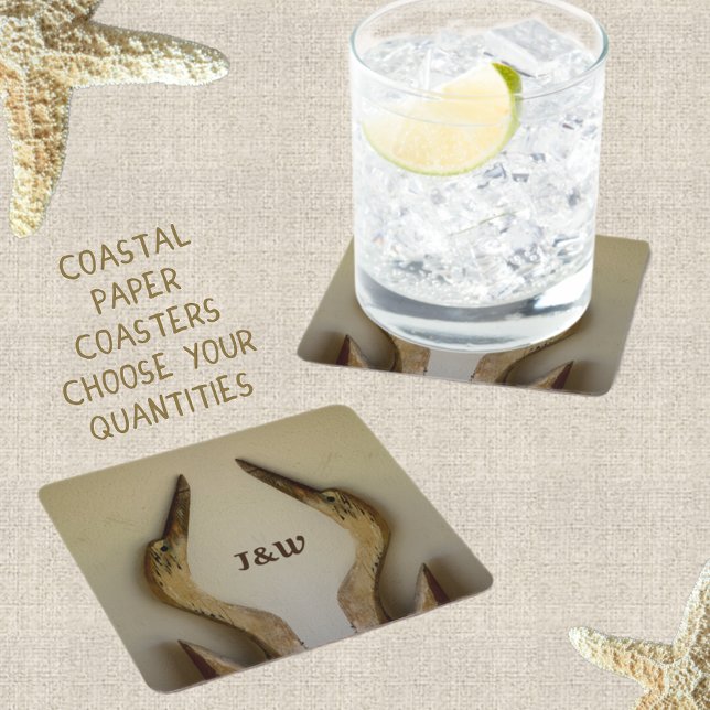 Two Weathered Herons Coastal with Initials Square Paper Coaster (Creator Uploaded)