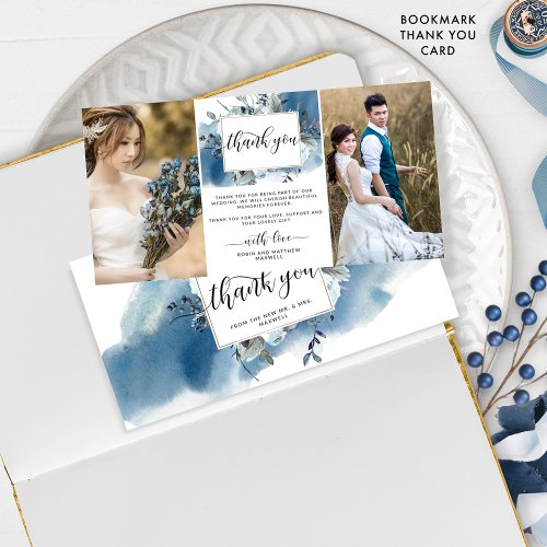 Two Wedding Photo Blue Watercolor Floral Thank you