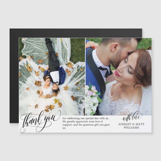 Two Wedding Photos Swirly Script Thank You Magnetic Invitation (Front/Back)