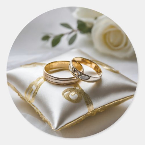 Two wedding rings on a white pillow  classic round sticker
