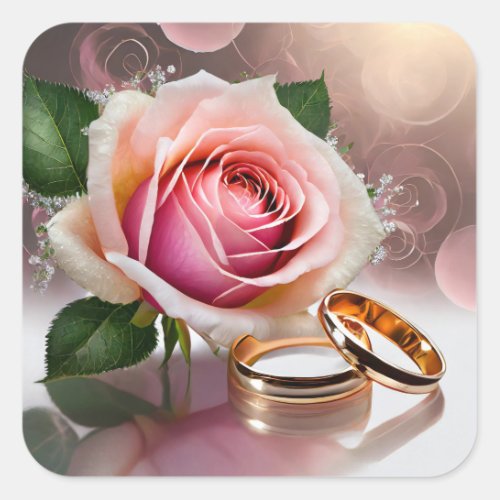 Two wedding rings with a light pink rose square sticker