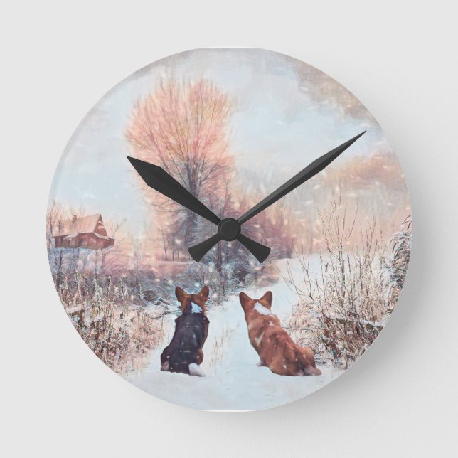 Two Welsh Corgis First Snow Round Clock (Front)