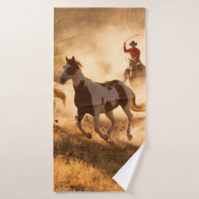 Two western cowboys riding horses, roping wild hor bath towel (Bath Towel)