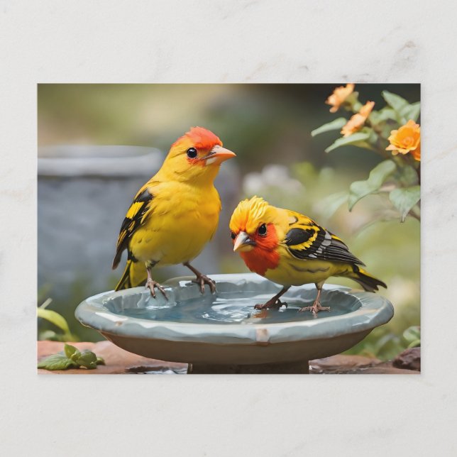 Two Western Tanager birds standing in birdbath Postcard (Front)