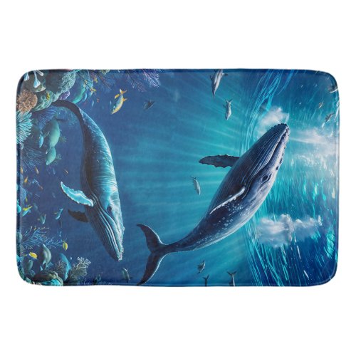 Two whales swimming among tropical fish bath mat