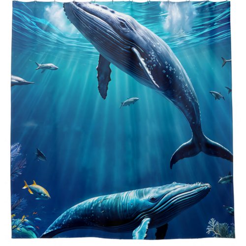 Two whales swimming among tropical fish shower curtain