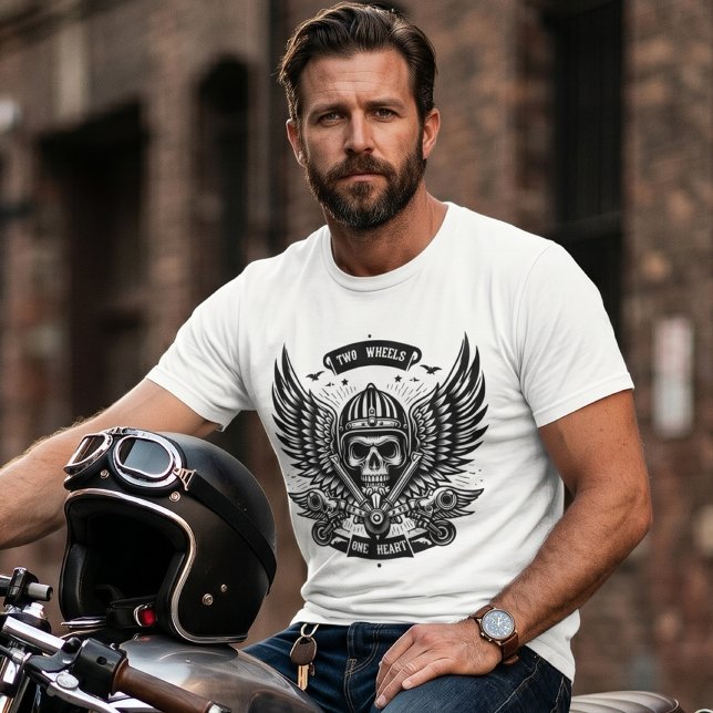 Two Wheels One Heart Biker Skull T-Shirt (Creator Uploaded)