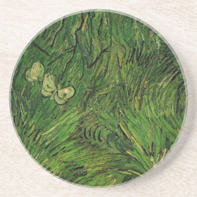 Two White Butterflies by Vincent van Gogh Sandstone Coaster (Front)