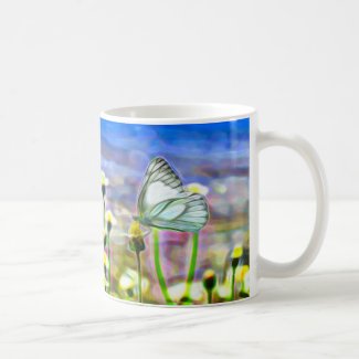 Two White Butterflies in a Yellow Flower Meadow Coffee Mug