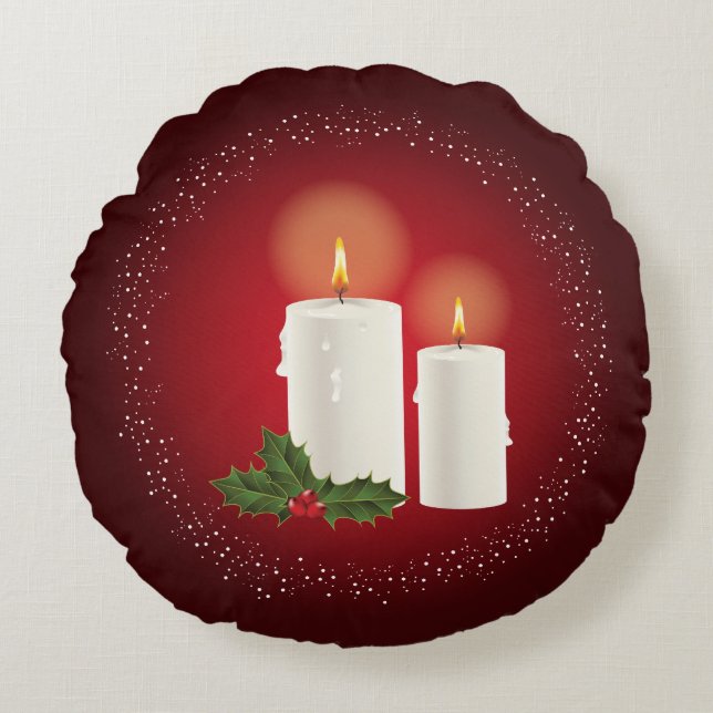Two White Candles On Red With Christmas Holly Round Pillow (Front)
