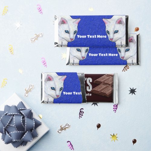 Two white Cats Bright Blue Eyes on Sparkle blue Hershey Bar Favors
