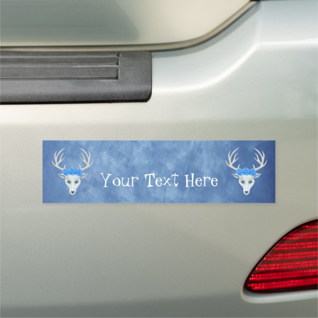 Two White Deer Heads Antlers Big Roses on Blue Car Magnet (In Situ)