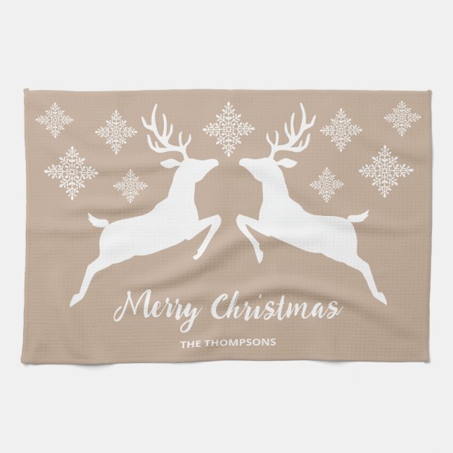 Two White Deer On Beige With Snowflakes & Text Kitchen Towel (Horizontal)