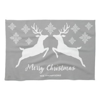 Two White Deer On Gray With Snowflakes &amp; Text Kitchen Towel