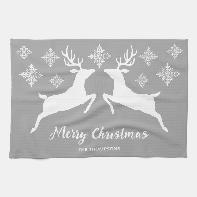 Two White Deer On Gray With Snowflakes & Text Kitchen Towel (Horizontal)