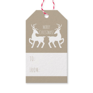 Two White Deers On Beige Color Christmas Gift Tags