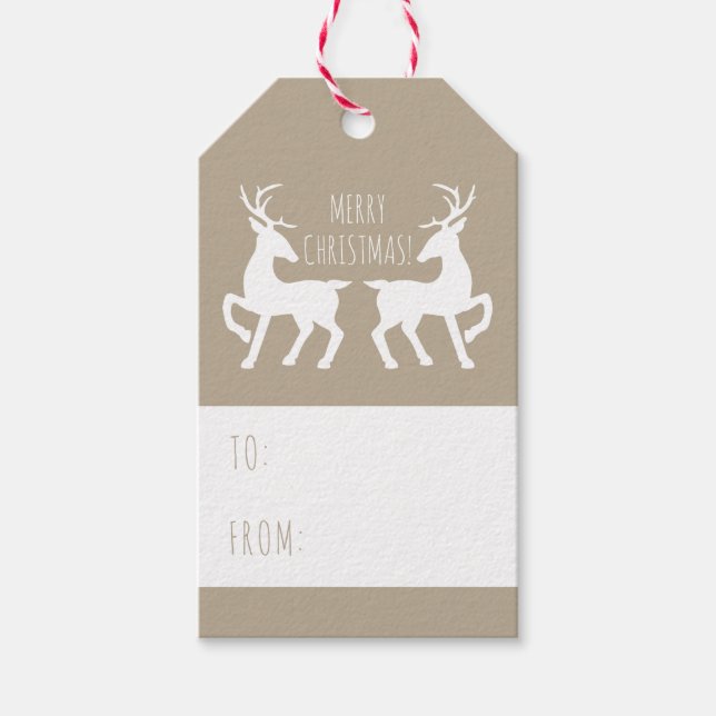 Two White Deers On Beige Color Christmas Gift Tags (Front)
