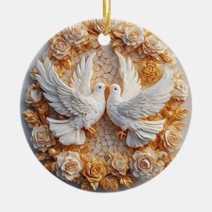Two White Doves Amidst a Floral Pattern Ceramic Ornament