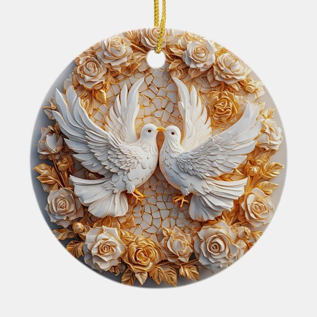 Two White Doves Amidst a Floral Pattern Ceramic Ornament (Front)