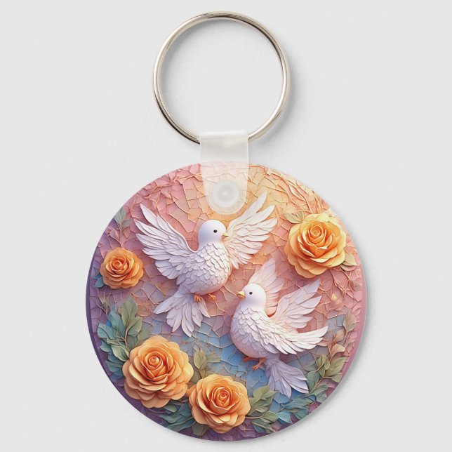 Two White Doves Amidst a Floral Pattern Keychain (Front)