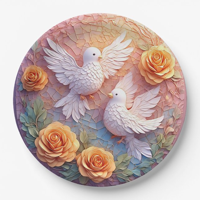 Two White Doves Amidst a Floral Pattern Paper Plates (Front)