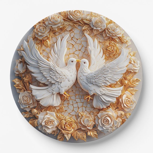 Two White Doves Amidst a Floral Pattern Paper Plates (Front)