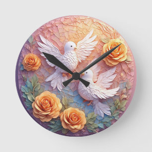 Two White Doves Amidst a Floral Pattern Round Clock