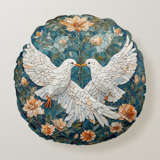 Two White Doves Amidst a Floral Pattern Round Pillow (Front)