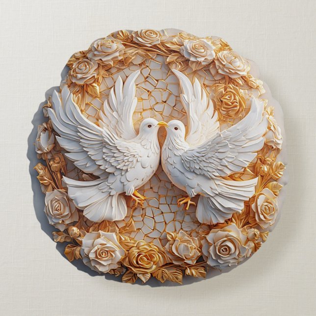 Two White Doves Amidst a Floral Pattern Round Pillow (Front)